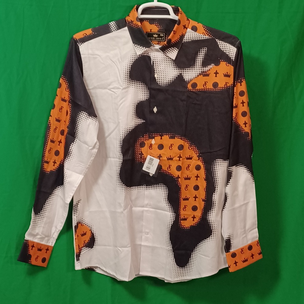 French Crown Mens Graphic Print Button Up Shirt Orange Black White Size 42 NEW